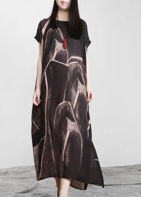 Black Chocolate Print Asymmetric Long Dresses O Neck - SooLinen