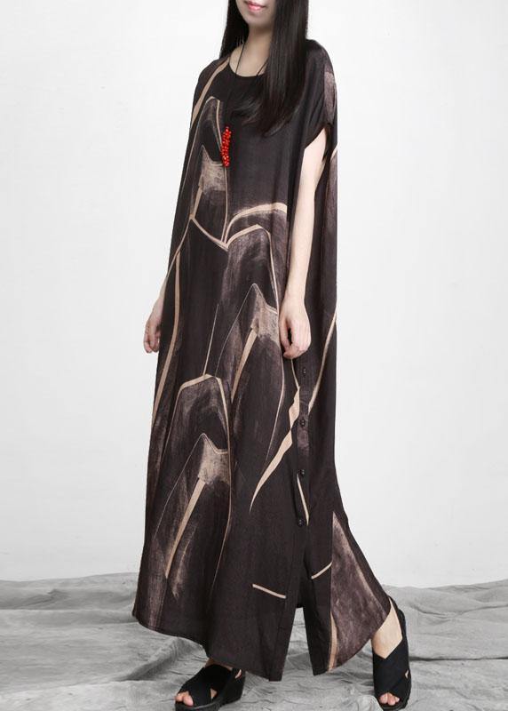 Black Chocolate Print Asymmetric Long Dresses O Neck - SooLinen