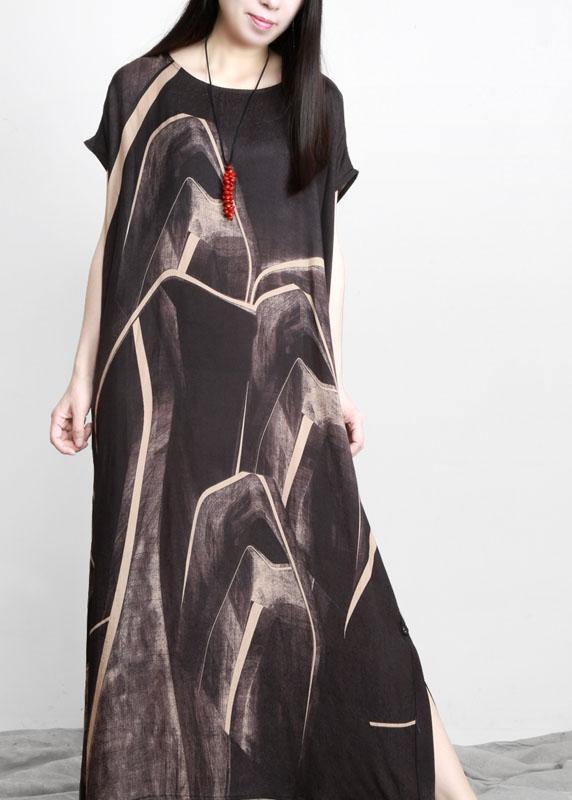 Black Chocolate Print Asymmetric Long Dresses O Neck - SooLinen