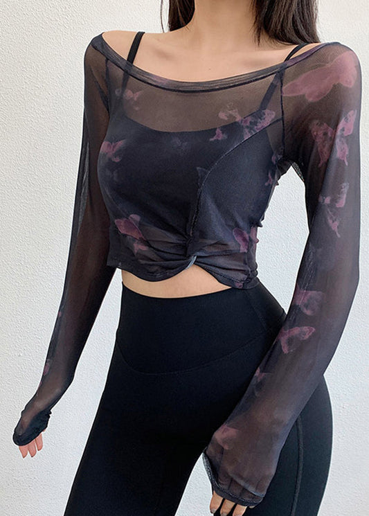 Black Cold Shoulder Fake Two Pieces Yoga Tops