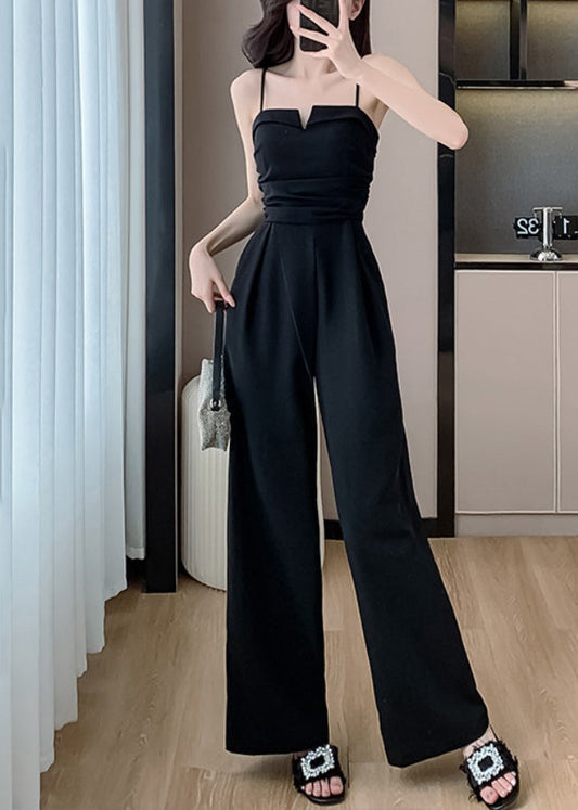 Black Cold Shoulder Solid Silk Sleeveless Jumpsuits Pockets