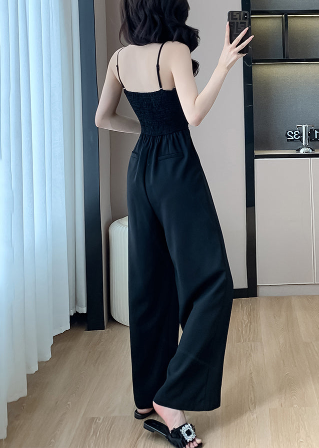 Black Cold Shoulder Solid Silk Sleeveless Jumpsuits Pockets