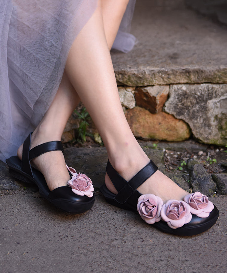 Black Cowhide Leather Vintage Splicing Floral Best Sandals