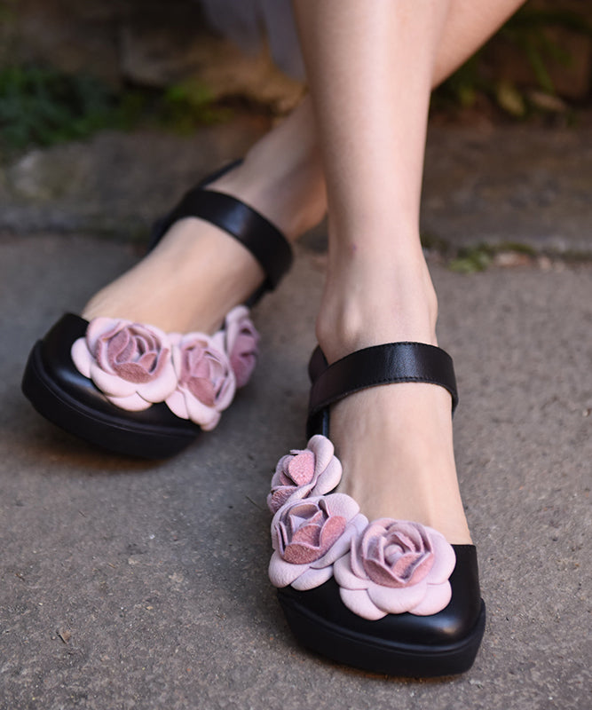 Black Cowhide Leather Vintage Splicing Floral Best Sandals