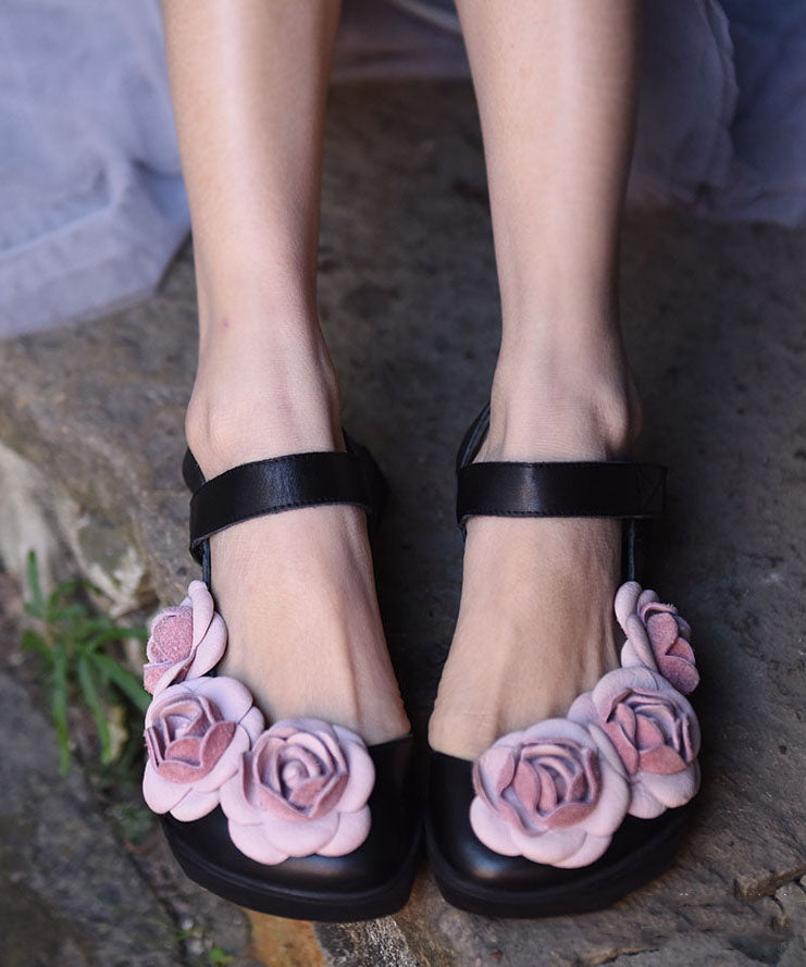 Black Cowhide Leather Vintage Splicing Floral Best Sandals