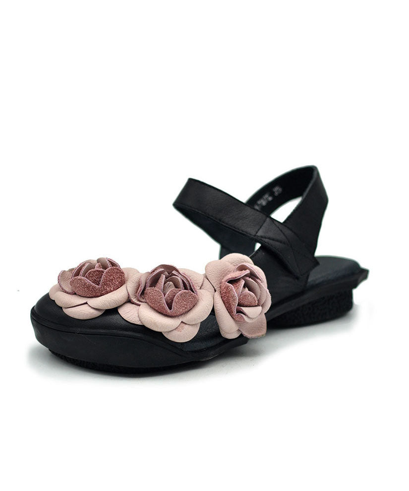 Black Cowhide Leather Vintage Splicing Floral Best Sandals