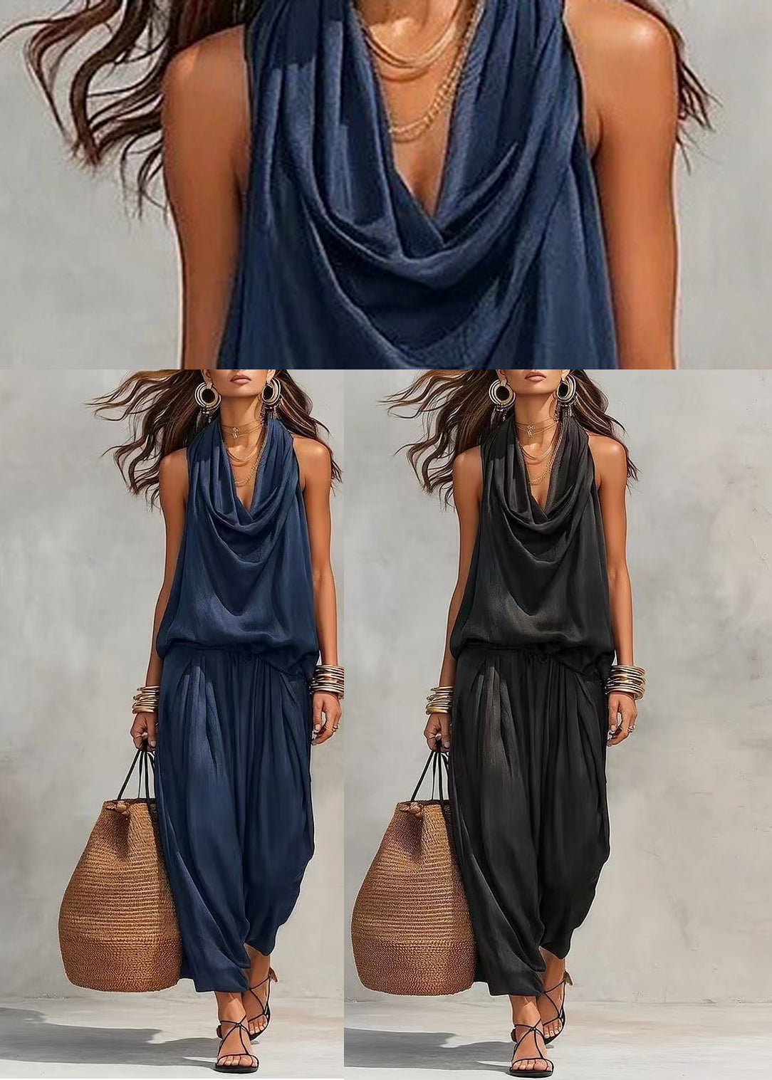 Black Draping Two-Piece Set Cold Shoulder Summer