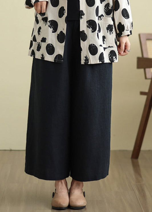 Black Elastic Waist Silk Linen Crop Wide Pants Summer