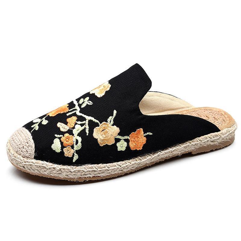 Black Embroideried Cotton Fabric Slippers Shoes - SooLinen
