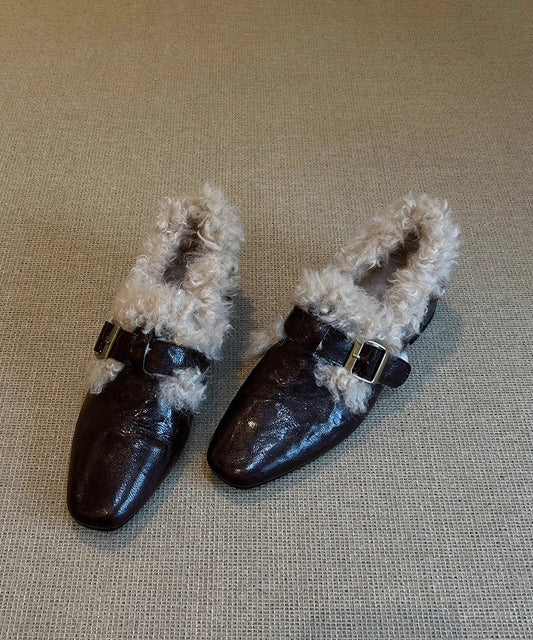 Black Faux Leather Splicing Chunky Loafer Shoes Fuzzy Wool Lined