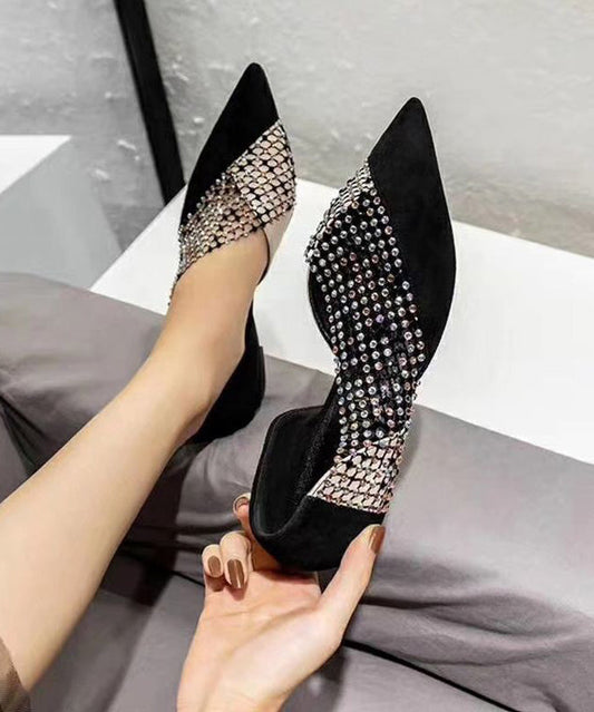 Black Flat Feet Shoes Suede Pointed Toe Splicing Zircon