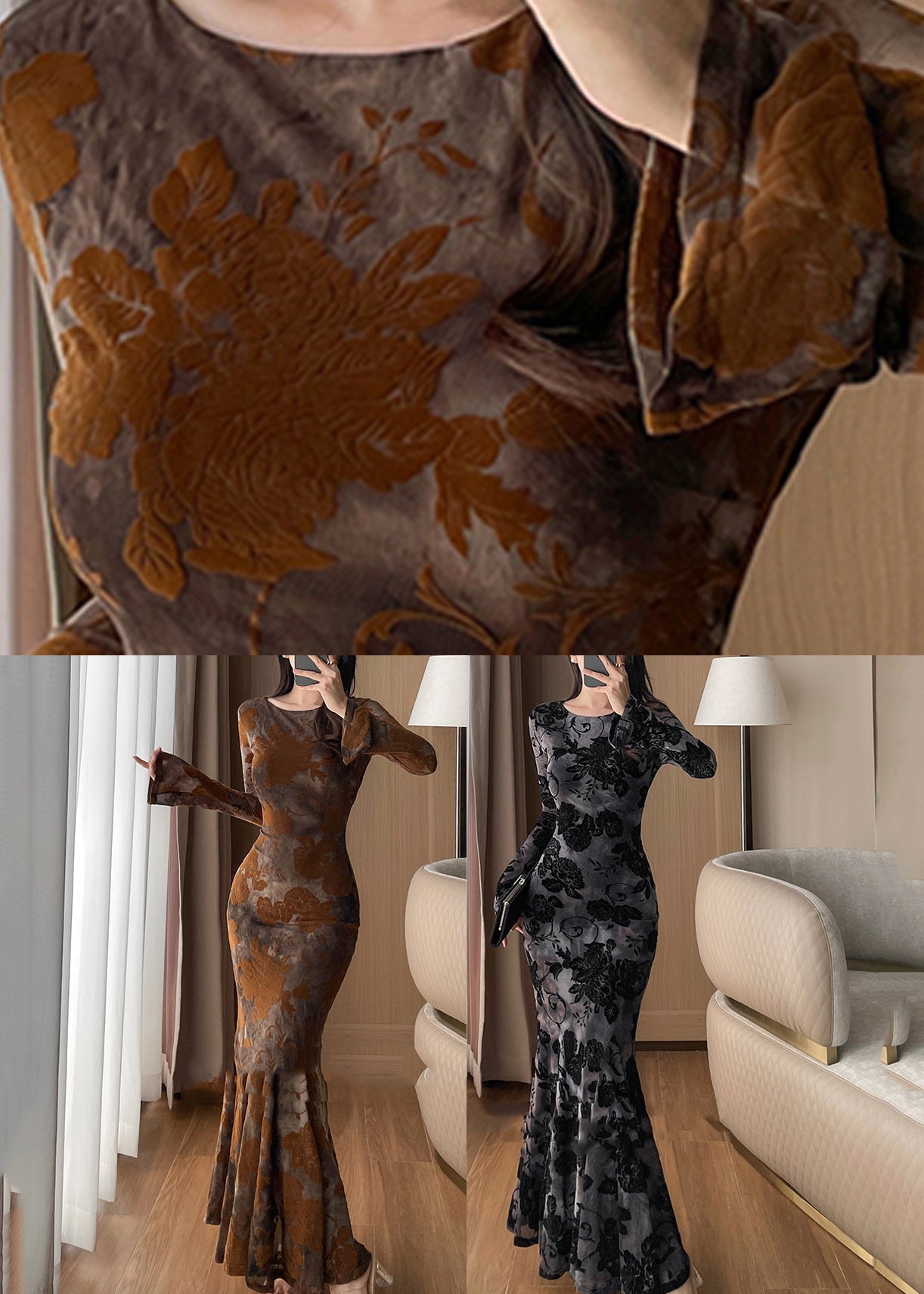 Schwarzes, schmeichelhaftes Maxikleid mit Meerjungfrauenschnitt und ausgestellten Ärmeln