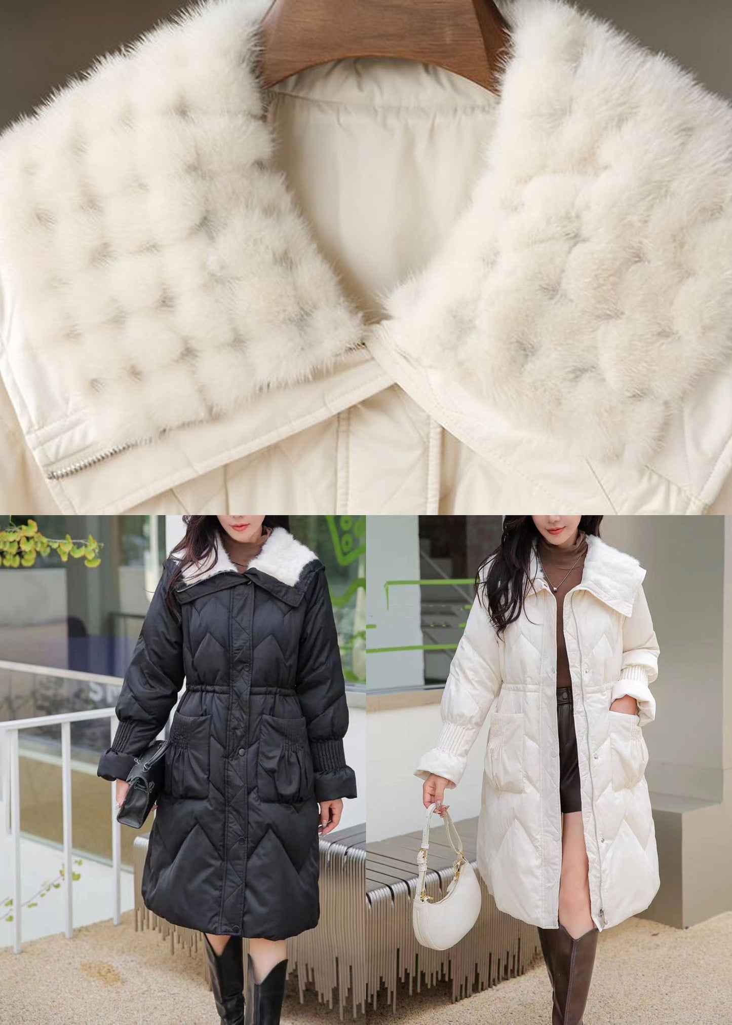 Schwarzer Maxi-Parka mit Pelzkragen, Taschen, elastischem Bund und Winterteil