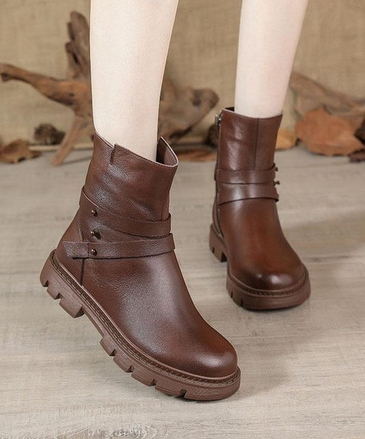 Black Genuine Leather Platform flat boots - SooLinen