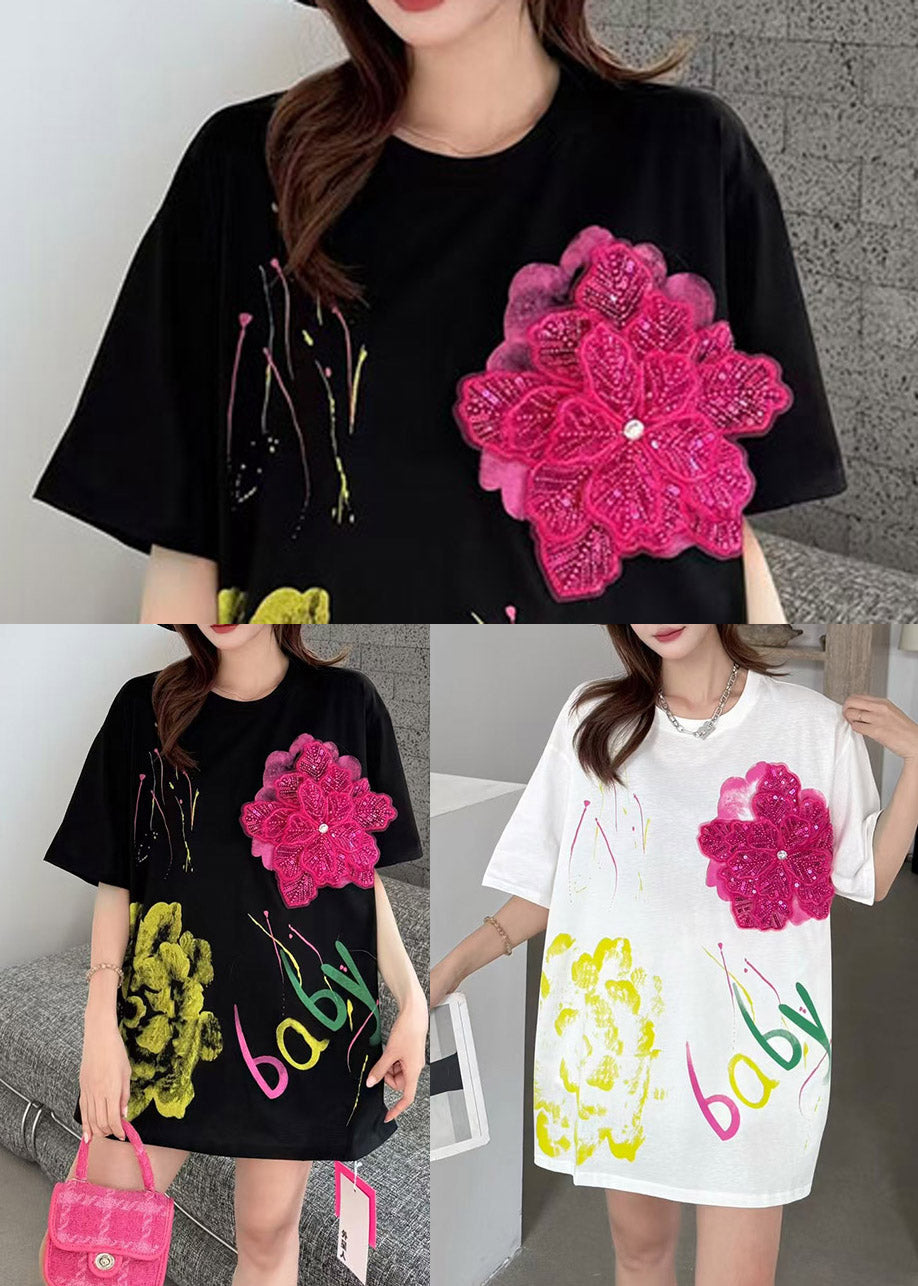 Black Graffiti Print Cotton Tanks Floral Decorated Summer