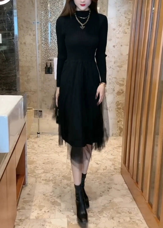 Suéter largo de punto con patchwork de tul y cintura alta, color negro, cuello redondo, para invierno