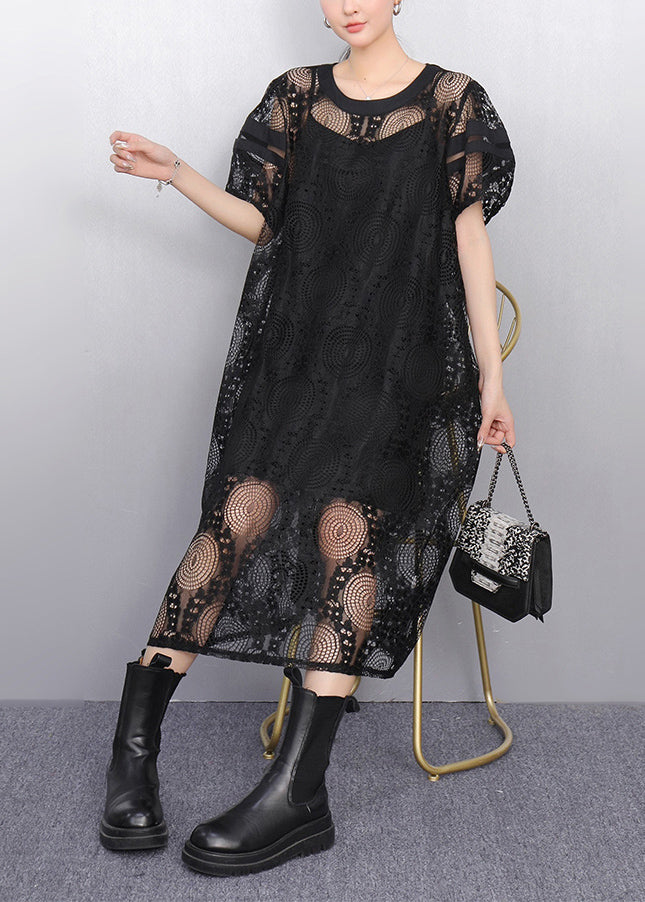 Black Hollow Out Tulle Long Dress Puff Sleeve