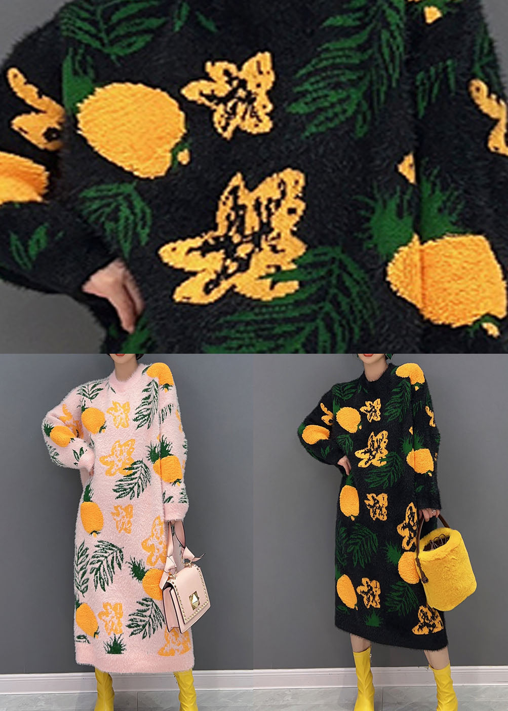 Schwarz Jacquard Nerz Haar Gestrickte Lange Kleid O-Ausschnitt Übergroßen Winter