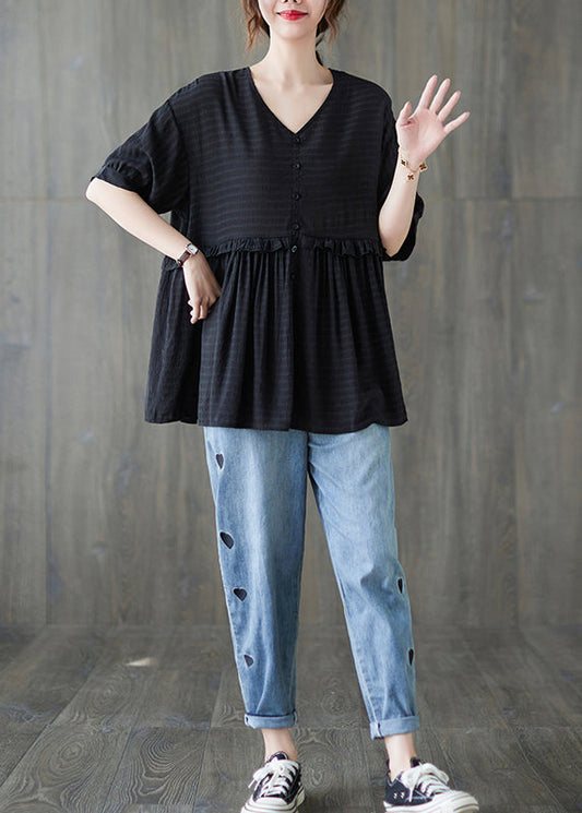 Schwarzes lockeres Tanktop mit Knopfleiste und kurzen Ärmeln