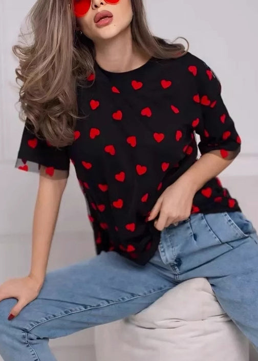 Black Love Tulle Patchwork T Shirt O Neck Summer