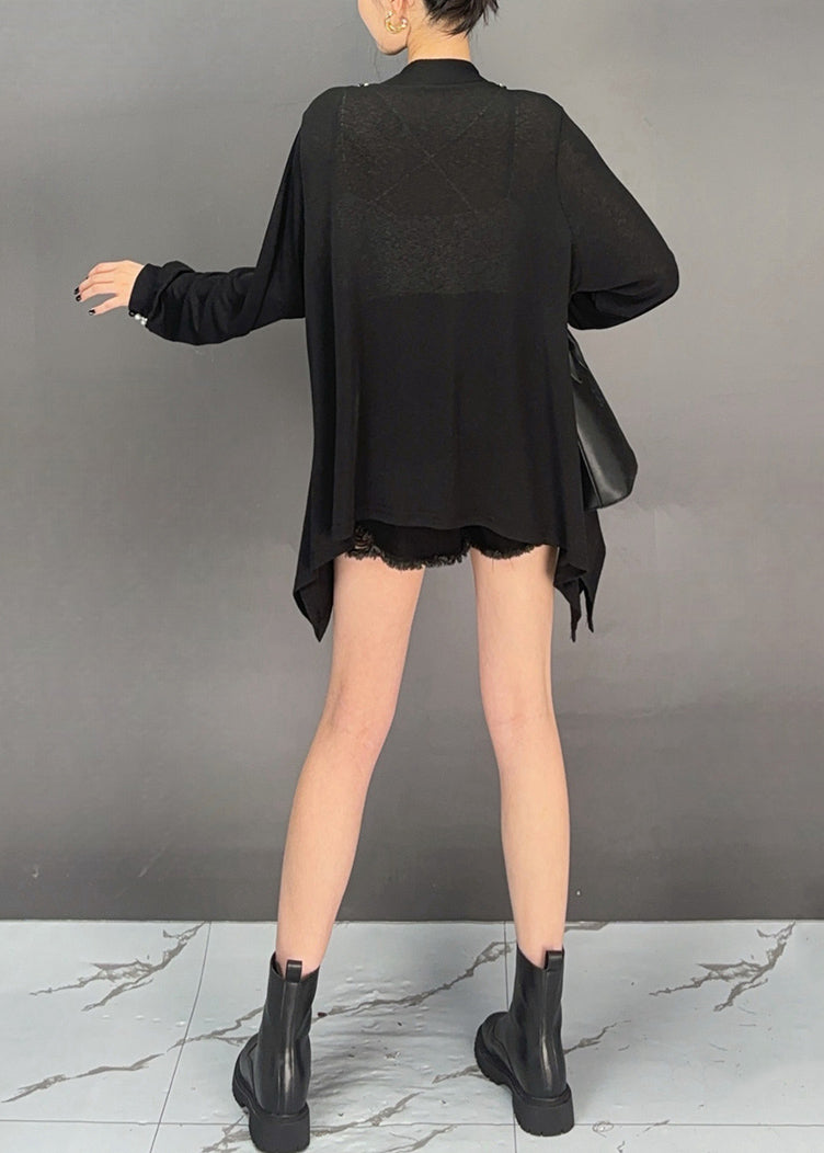 Black Nail Bead Solid Thin Cotton T Shirt Asymmetrical