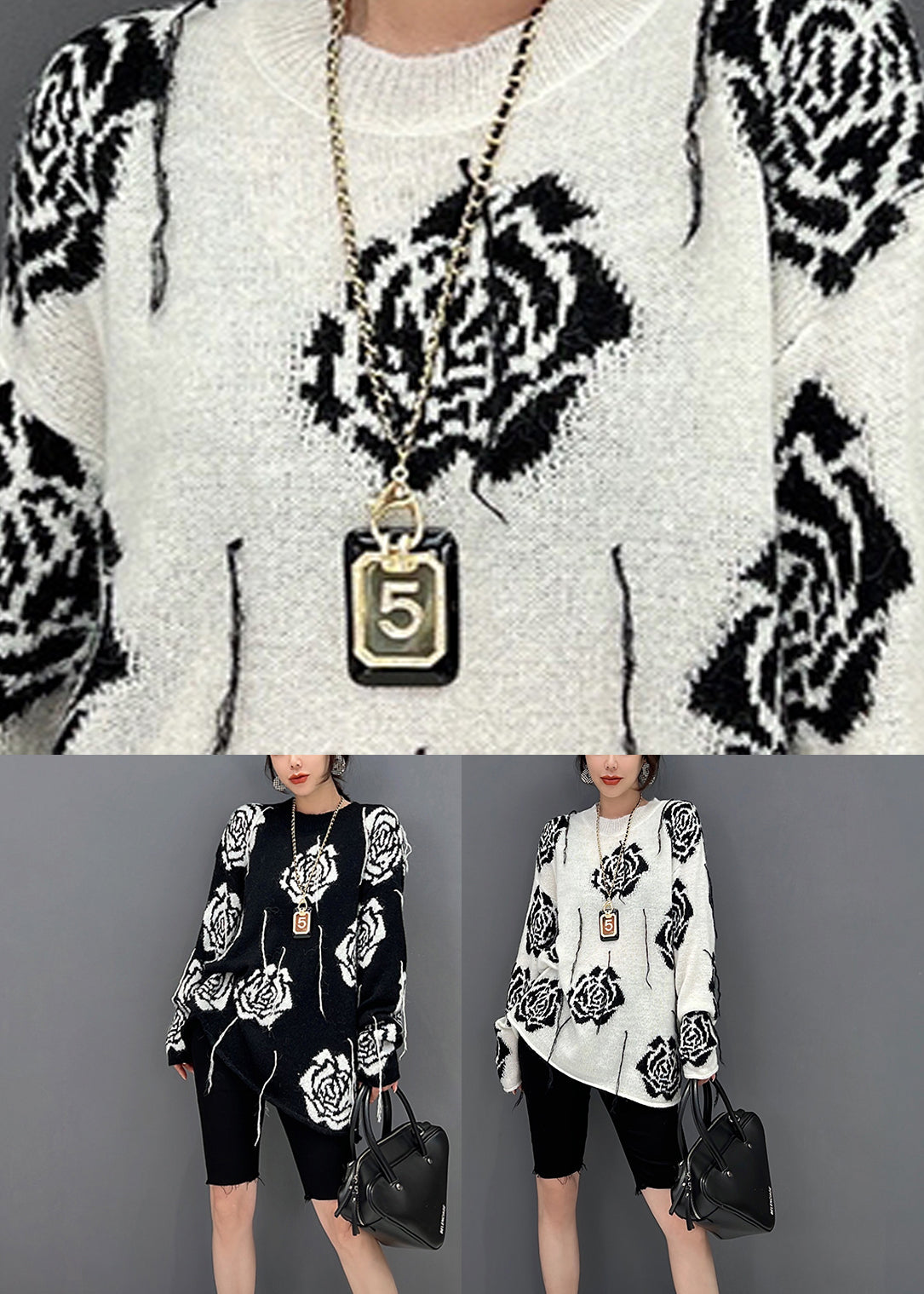 Schwarzer Strickpullover mit O-Ausschnitt und Print für den Herbst