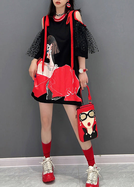 Schwarzes O-Ausschnitt Tüll Patchwork Belle Midikleid Halbarm