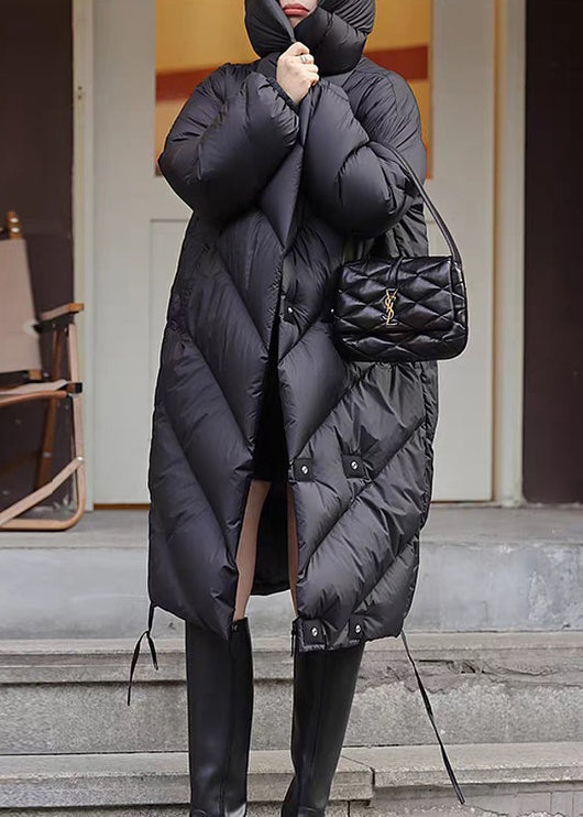 Abrigo de plumón de pato con capucha y botones de diseño original negro para invierno