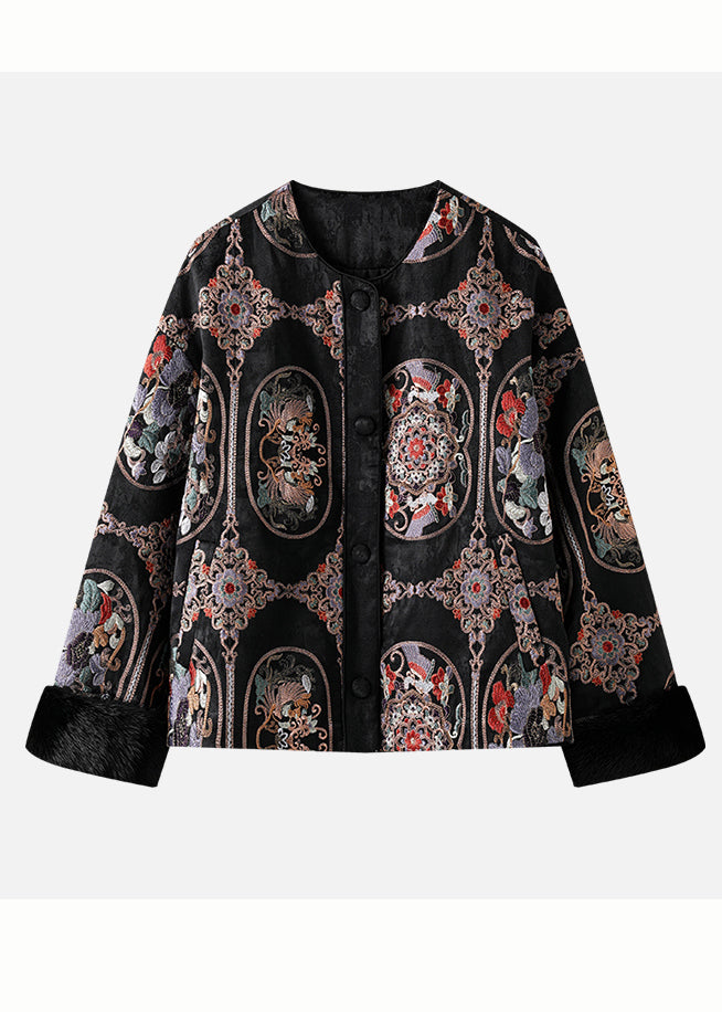 Schwarze Patchwork-Jacken aus feiner Baumwolle, gefüttert mit Stickereien aus Nerzhaar, Winterjacken