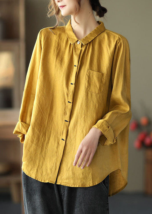 Schwarzes Patchwork Leinenhemd Peter Pan Kragen Bestickt Frühling