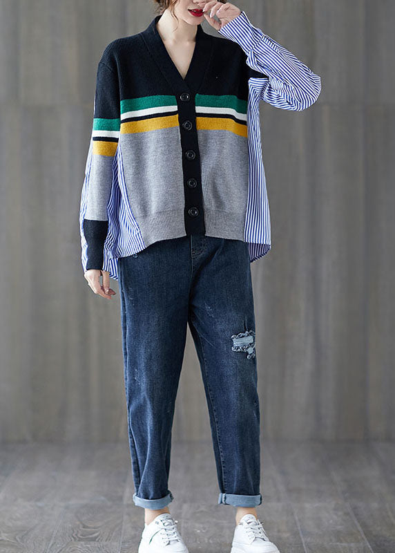 Schwarzer Patchwork-Strickpullover mit gestreiften Knöpfen und asymmetrischem Design für den Herbst