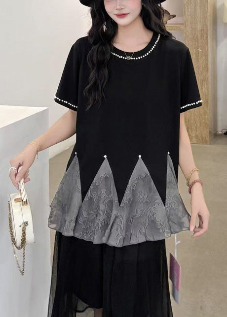 Black Patchwork Tulle Tank Oversized Nail Bead Summer