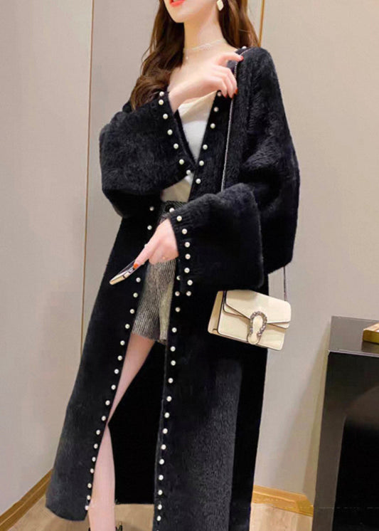Black Pearl Cozy Solid Knit Spring Coat V Neck