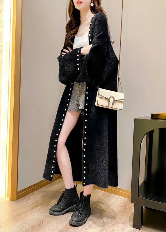 Black Pearl Cozy Solid Knit Spring Coat V Neck