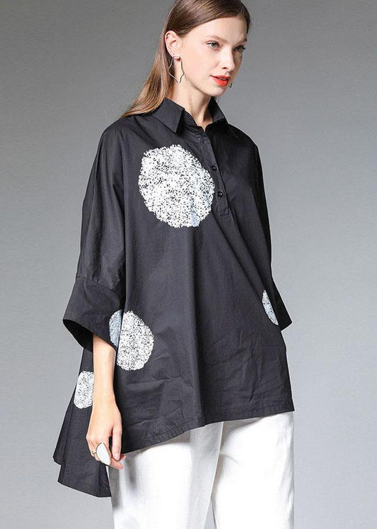 Black PeterPan Collar Button Fall Cotton Shirt Half Sleeve - SooLinen