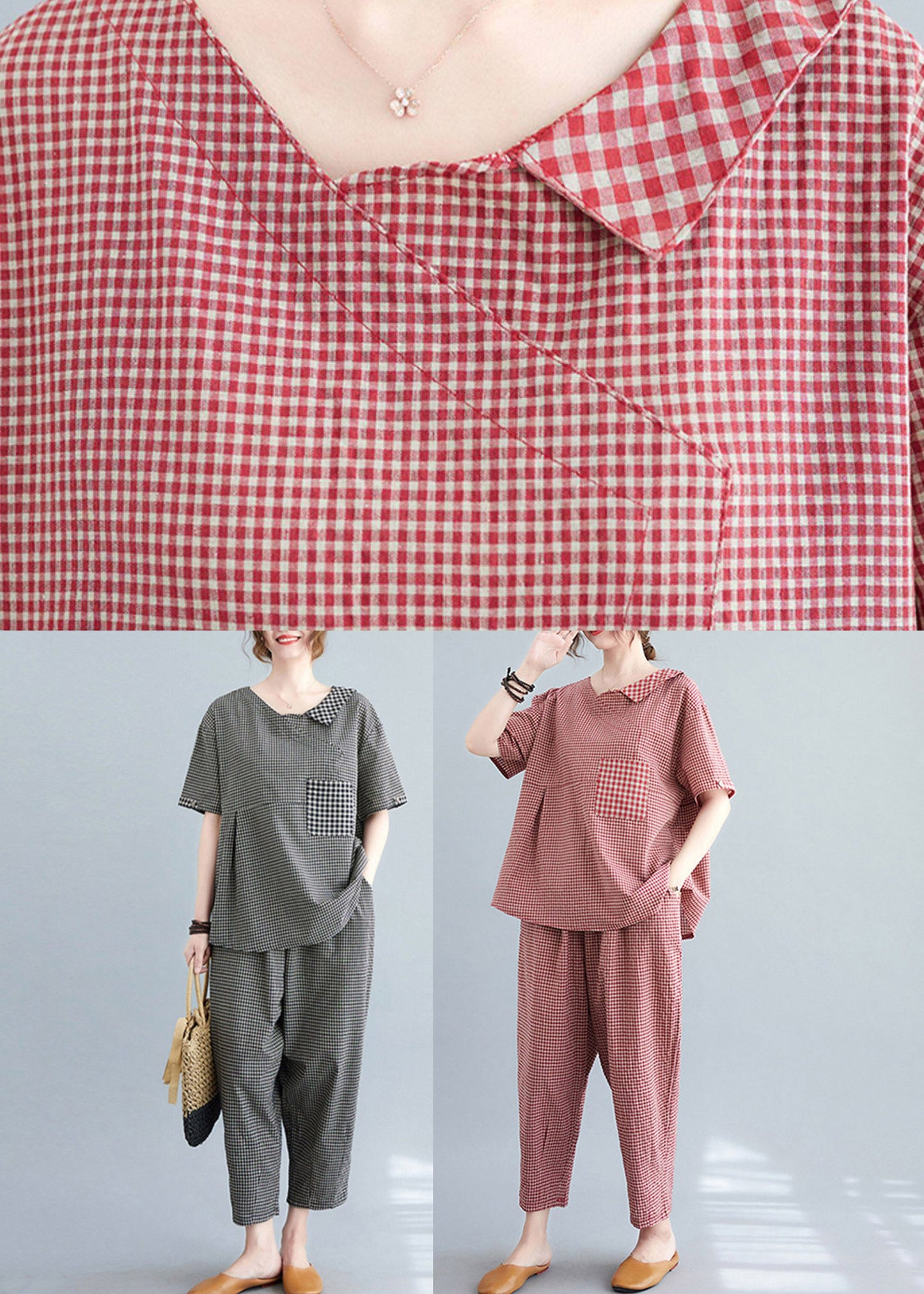 Black Plaid Wrinkled Patchwork T Shirt And Crop Pants Two Piece Set Short Sleeve