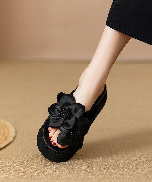 Black Platform Faux Leather Floral Splicing Slide Sandals
