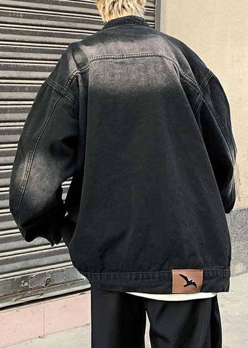 Black Pockets Denim Fall Mens Coats Stand Collar
