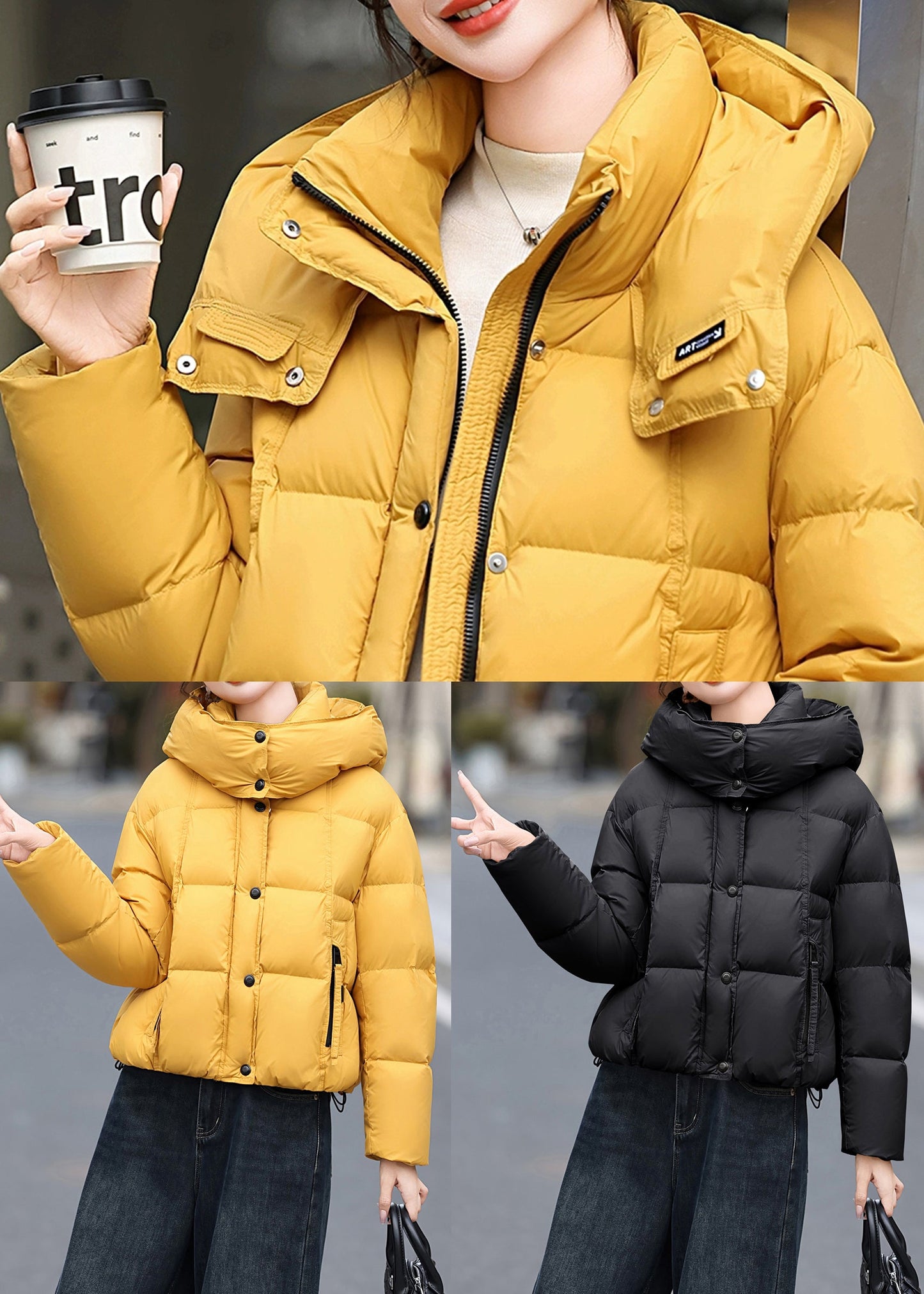 Chaqueta informal de plumón de pato con bolsillos negros y capucha para invierno