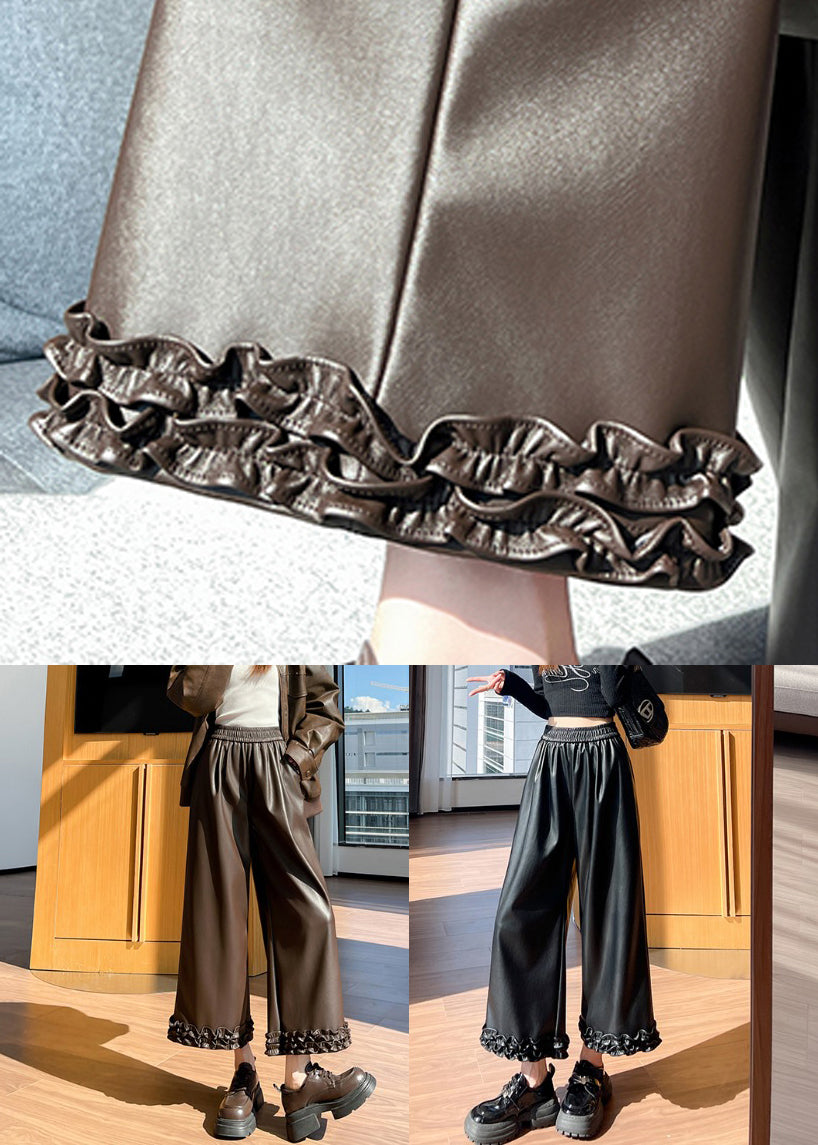 Black Pockets Elastic Waist Faux Leather Wide Leg Pants Ruffled