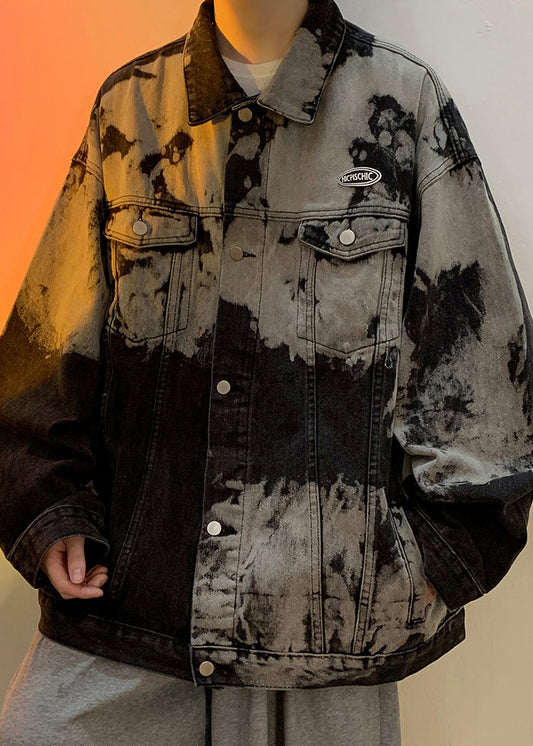 Black Pockets Loose Denim Fall Men Coat Peter Pan Collar