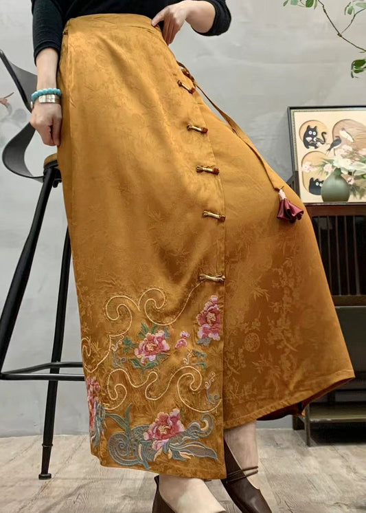 Black Pockets Silk Skirt Embroidered Oriental Button Fall