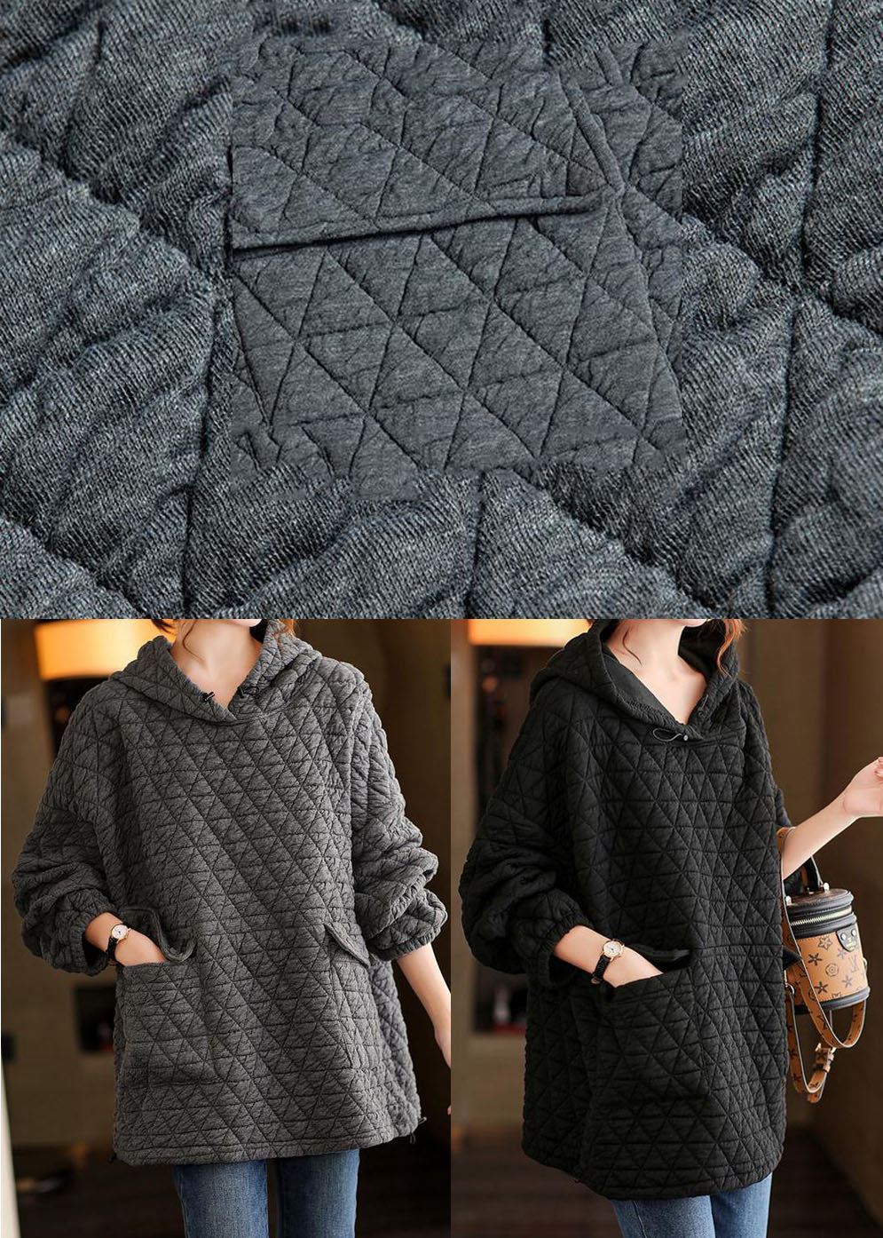 Schwarze Taschen Kordelzug warm Pullover Streetwear Winter