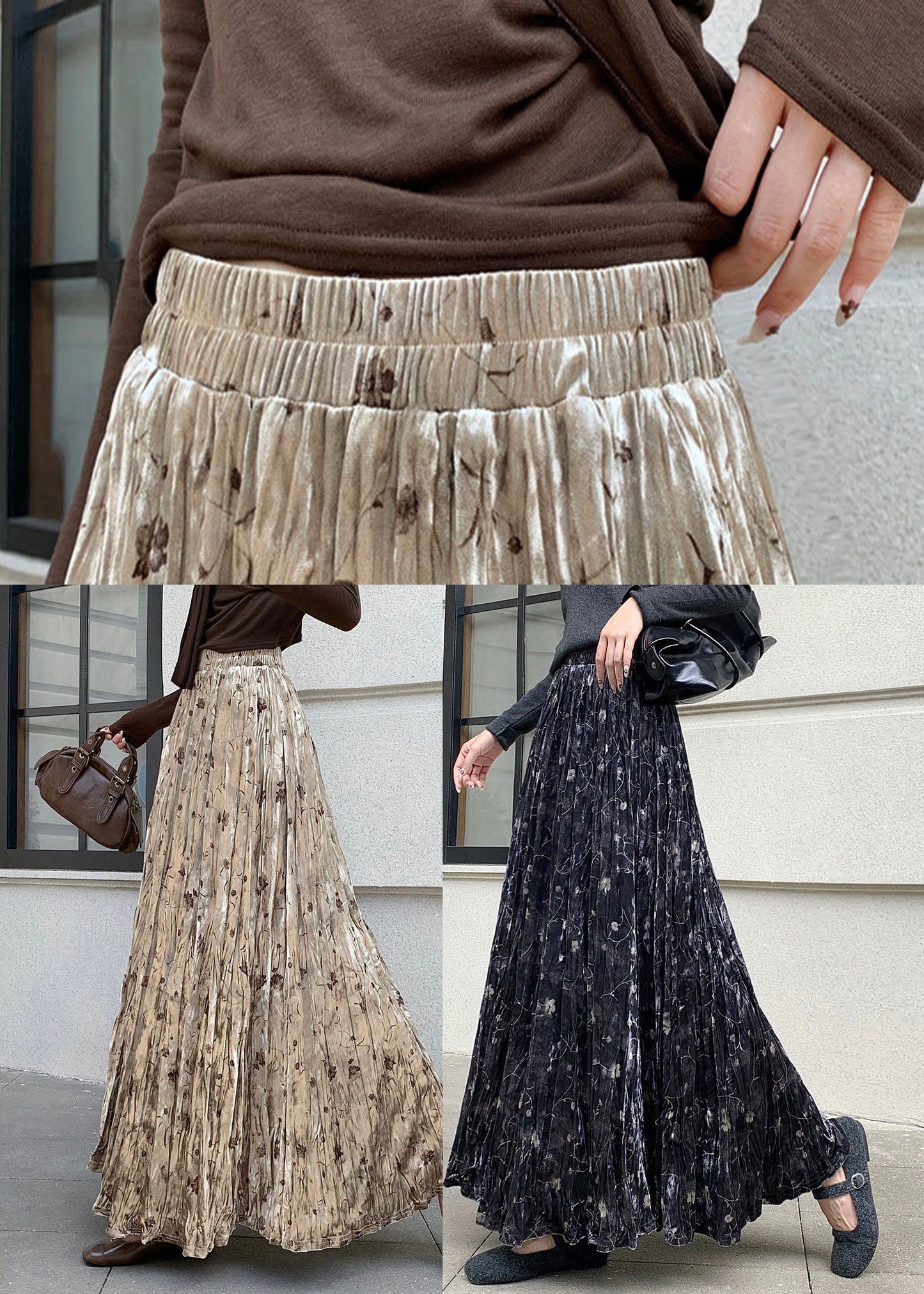 Black Print Silk Velvet Holiday Skirts Exra Large Hem Spring