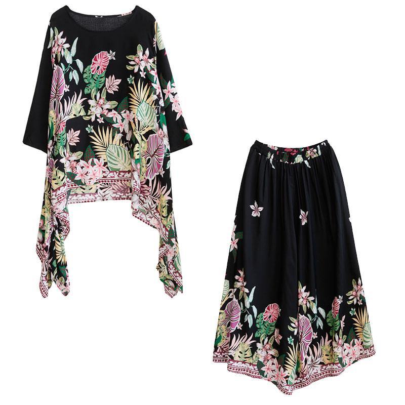 Black Print Suit Spring Large Women's Top Casual Wide Legged Pants Two pieces - SooLinen