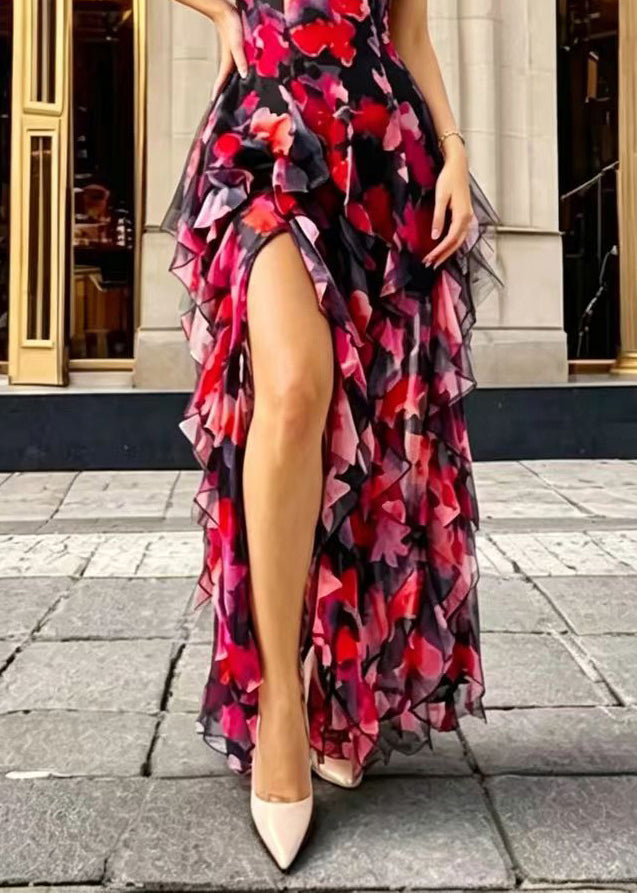 Black Red Print V Neck Ruffled Side Open Print Chiffon Dress Sleeveless