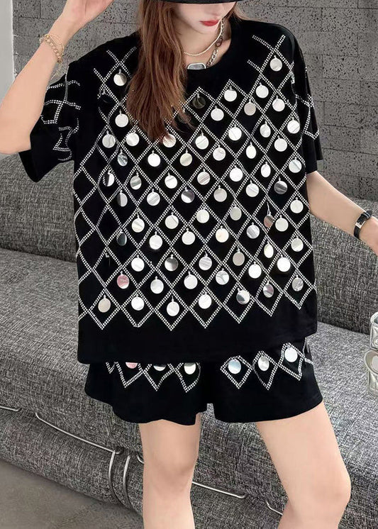 Black Sequins Cotton Tanks And Shorts Two Pieces Set Oversized Summer