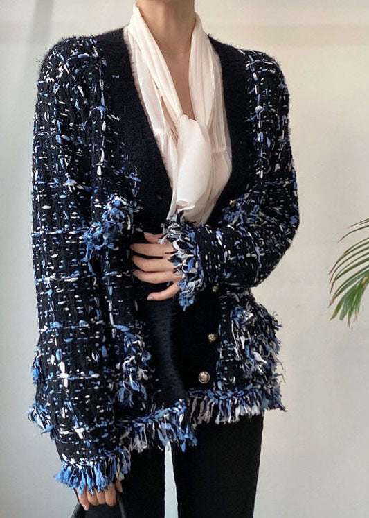 Schwarz Slim Fit Strickjacke V-Ausschnitt Quaste Frühling