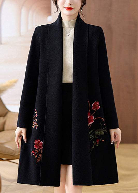 Black Solid Cozy Woolen Maxi Cardigans Spring