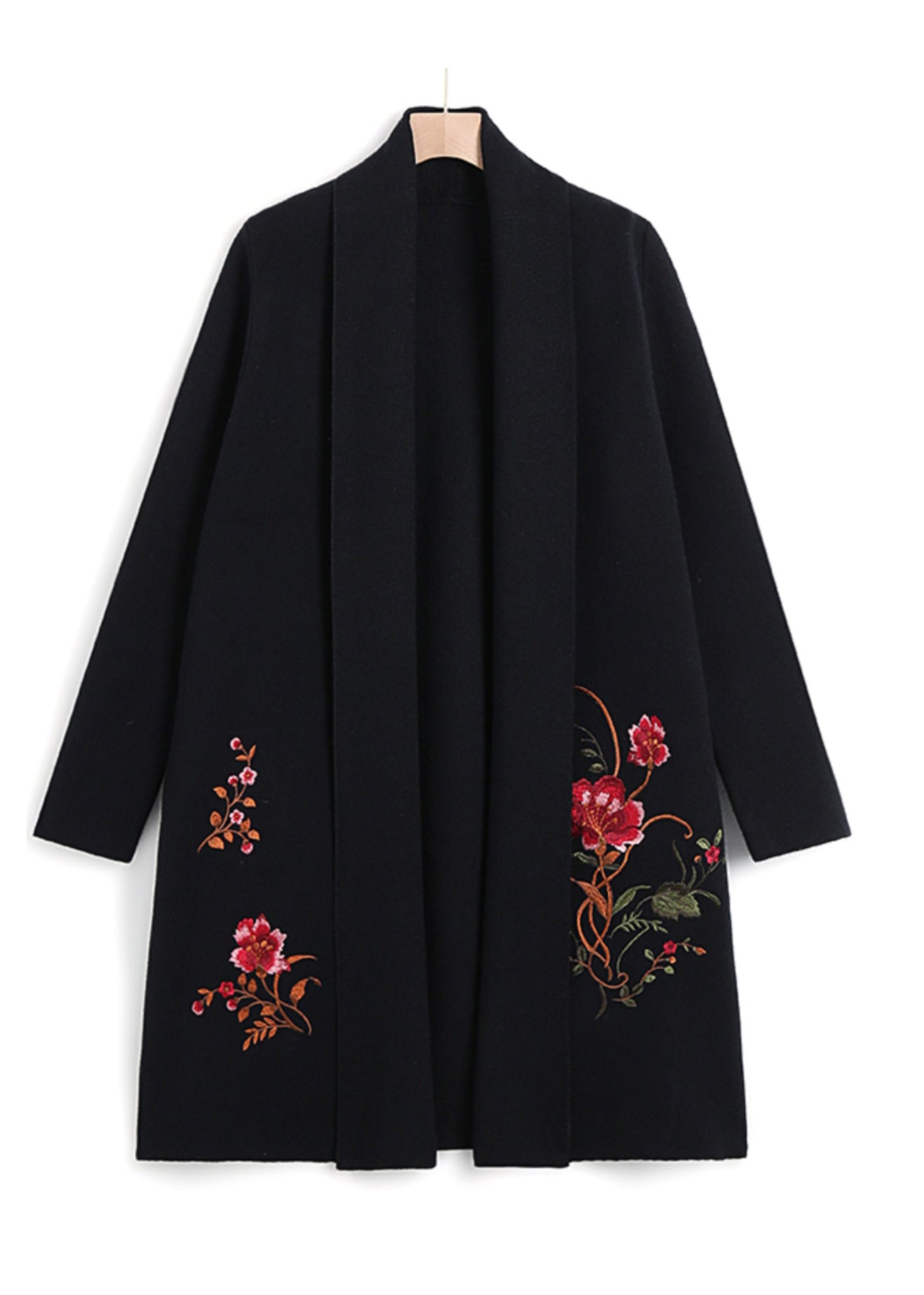 Black Solid Cozy Woolen Maxi Cardigans Spring